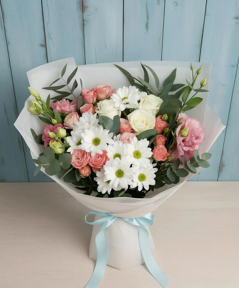 Букет цветов из: Розы, Лизиантусы и Хризантемы в Вольно-Донской