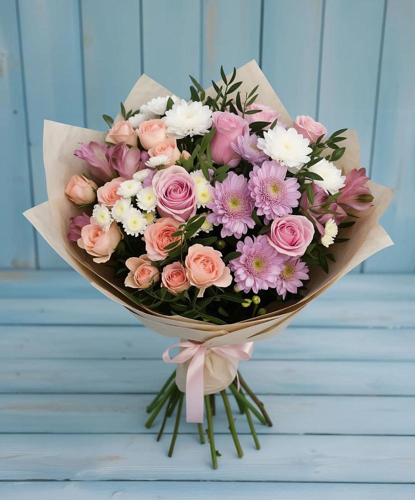 Букет цветов из: Хризантемы, Розы и Альстромерии в Вольно-Донской